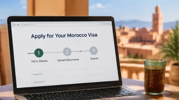 Laptop showing an online Morocco visa application with three steps: fill in details, upload documents, submit