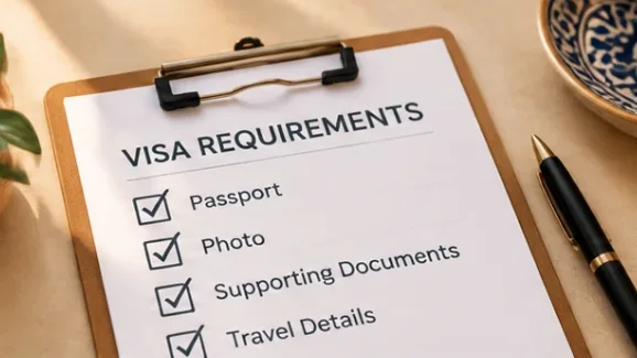 Visa requirements checklist on a clipboard: passport, photo, supporting documents, travel details