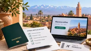 Morocco eVisa Requirements application with passport, visa requirements checklist, and online application shown against a Moroccan cityscape.