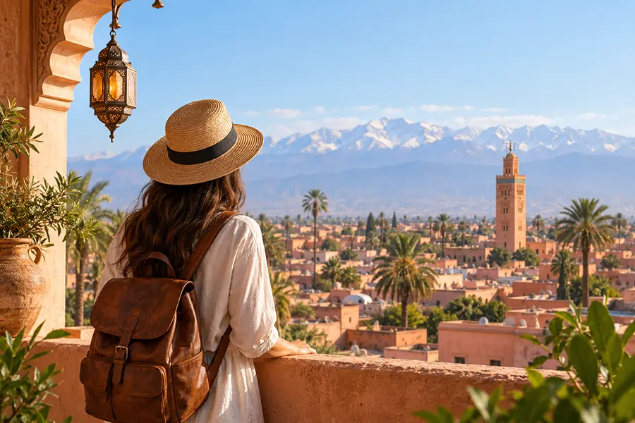 Traveller looking out over Marrakech towards the Koutoubia Mosque and the snow-capped Atlas Mountains